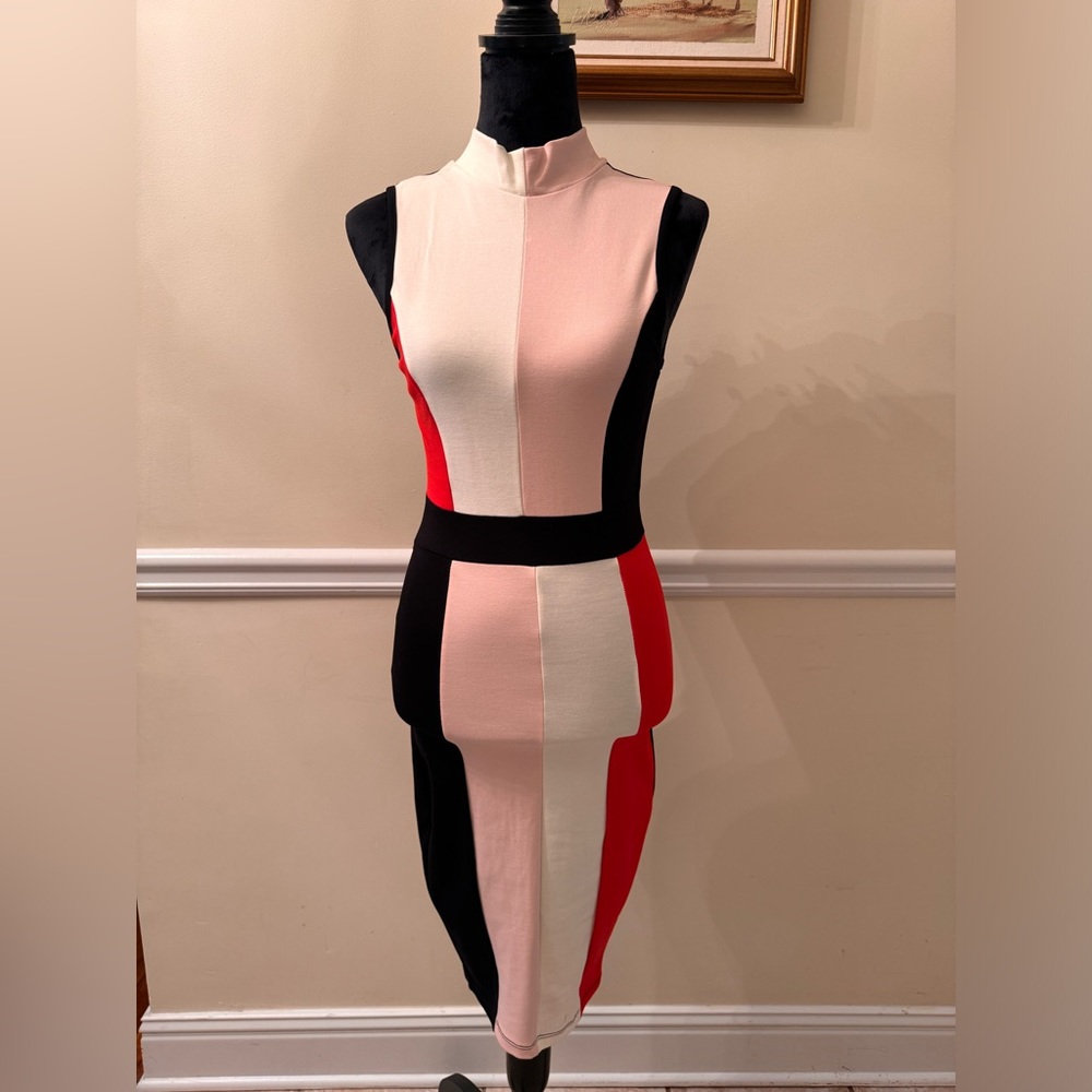 Red,white,pink,black bodycon turtleneck dress